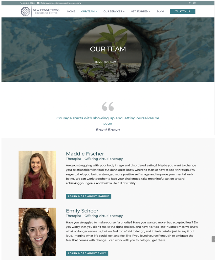 Previous design of New Connection Counseling Center's Our Team page